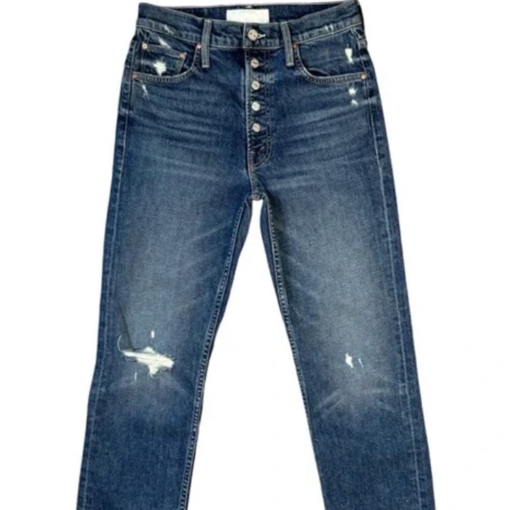 MOTHER Distressed Dark Wash Ankle Crop Jeans - Blue